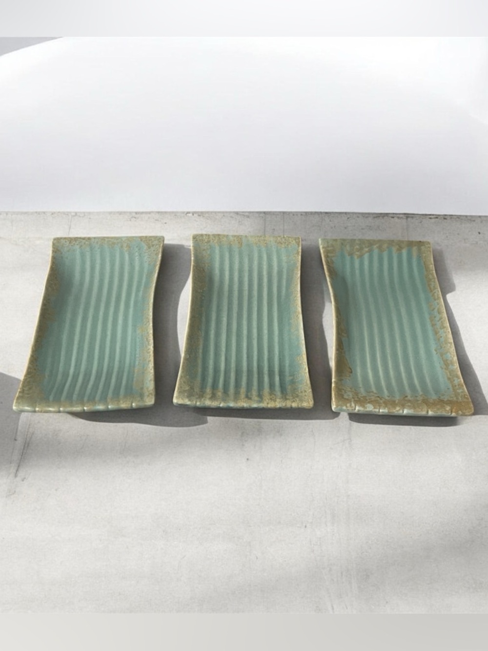 Set of Three Rectangular Aqua Ceramic Dishes